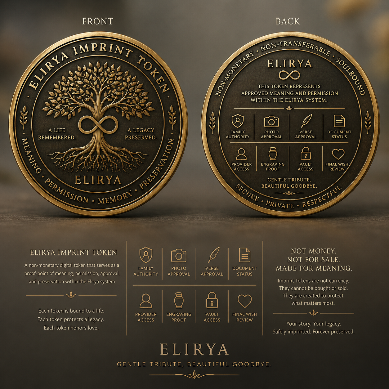Bennsellie Imprint Token medallion showing front and back designs for meaning, permission, approval, and preservation